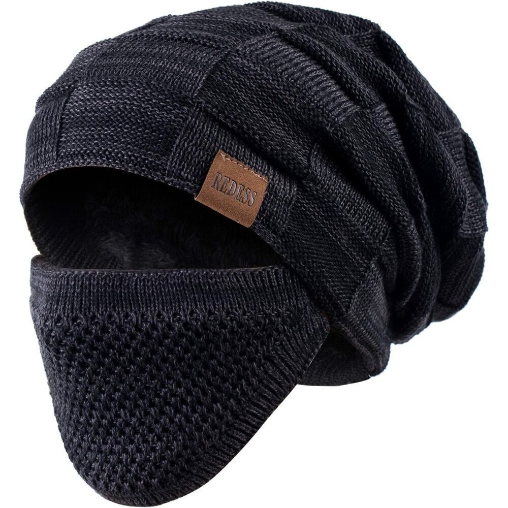 Men & Women D2 Black Winter Warm Knit Slouchy Skull Cap with Face Cover - Picture 1 of 2